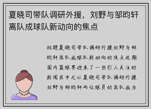 夏晓司带队调研外援，刘野与邹昀轩离队成球队新动向的焦点